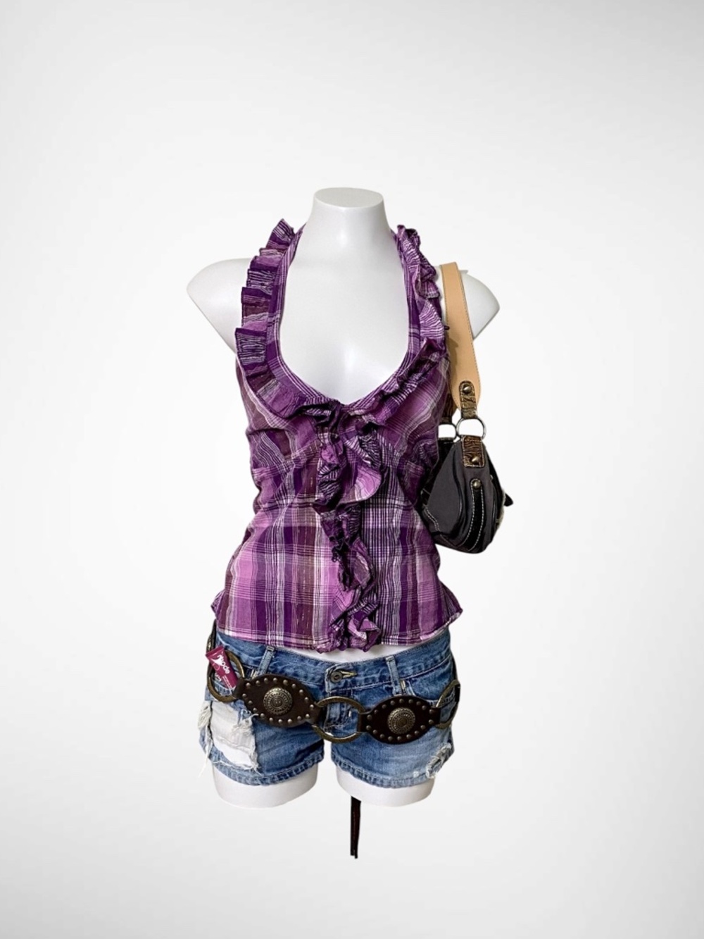 VTG Purple Plaid Ruffle Halter Top | Y2K McBling Smocked Back - Picture 2 of 7